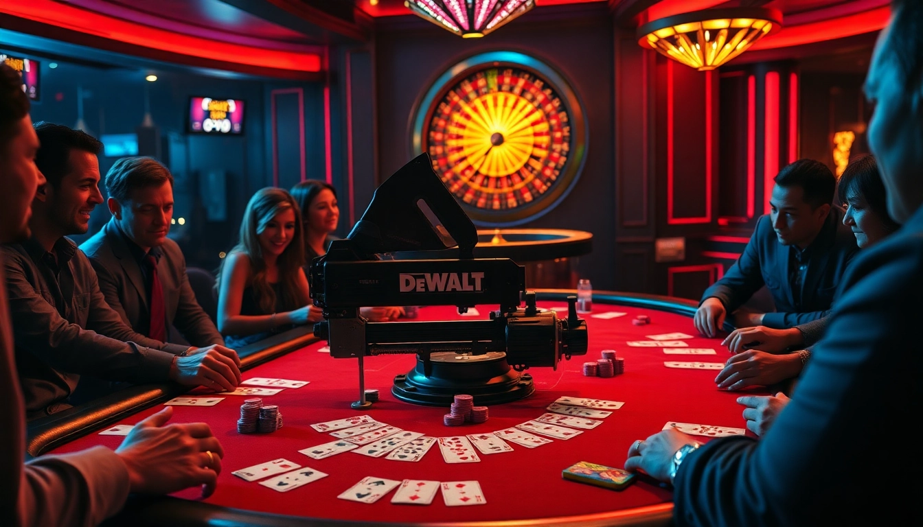 The DeWalt band saw creatively serves as a prop in a dynamic casino poker scene, illustrating strategy and excitement.