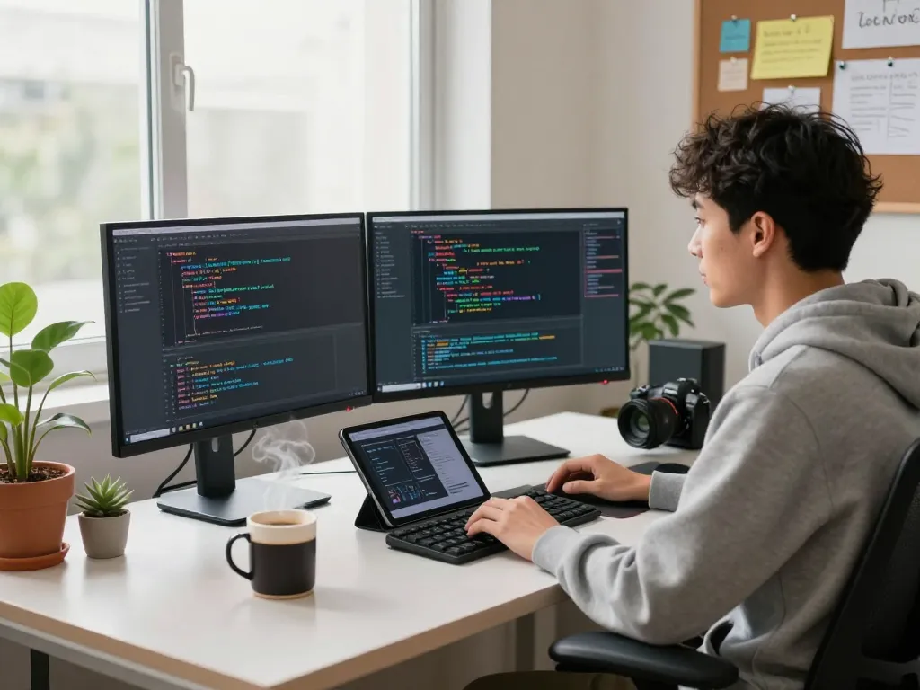 A developer engaging with code in a modern workspace using molt bot, surrounded by tech tools and natural light.