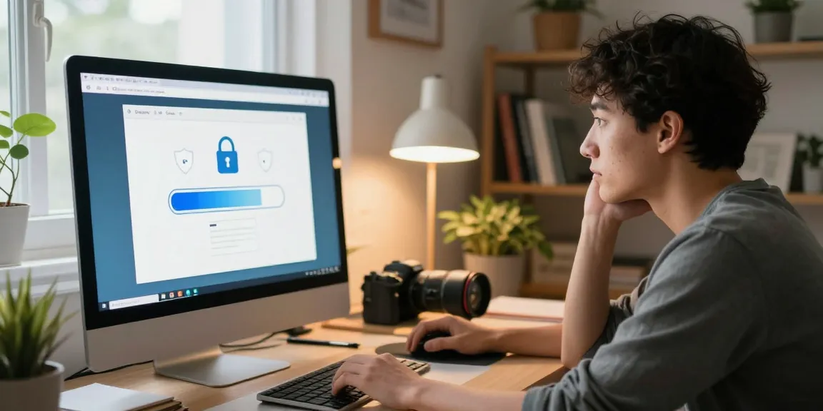 User engaged with shs-dome5.com security check on their computer, displaying modern digital security elements in a cozy office setting.