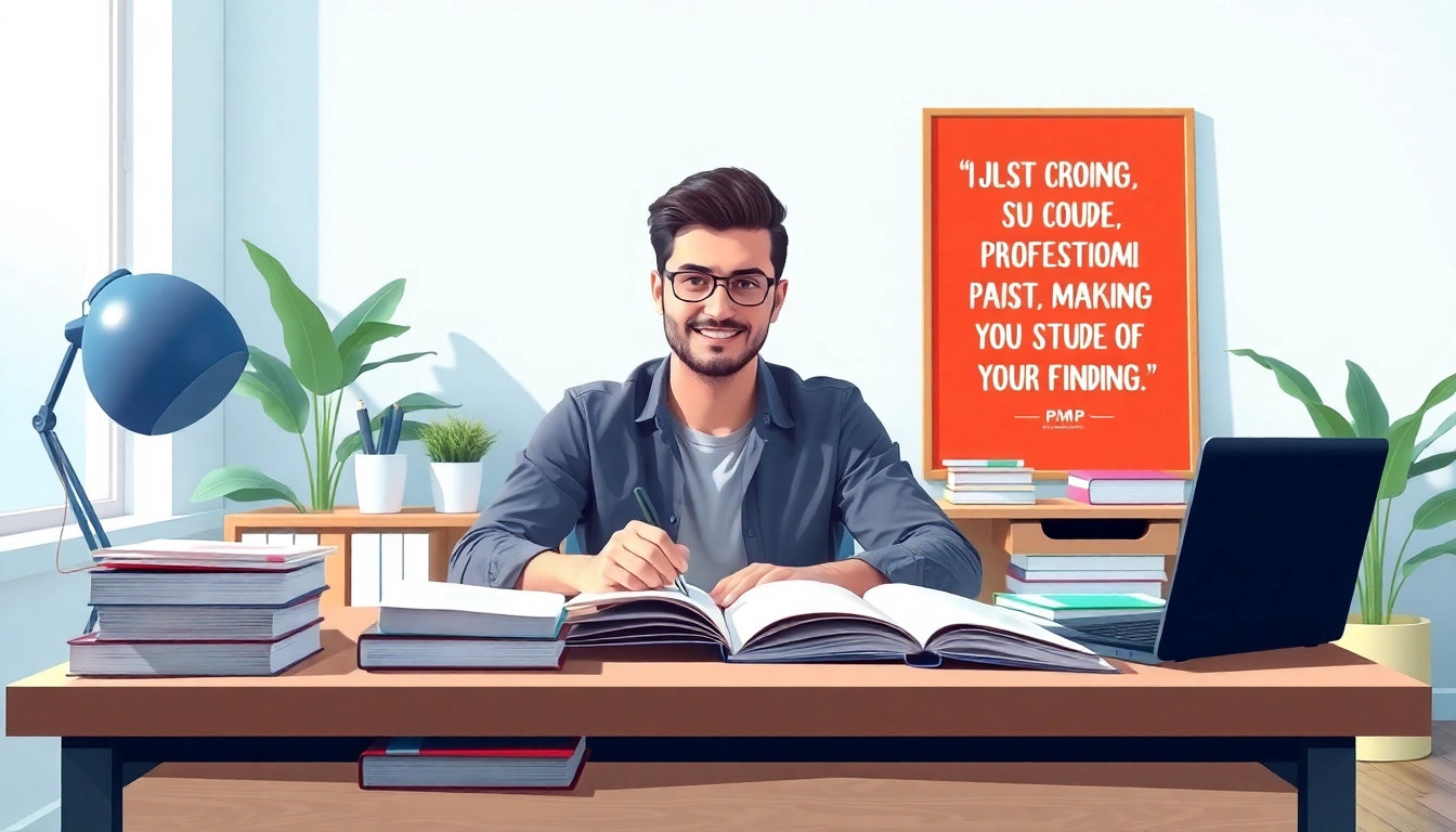 PMP exam support featured in a professional study setup with textbooks and natural lighting.