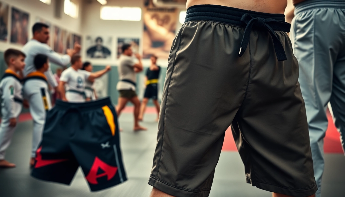 Showcase of BJJ shorts with various designs, reflecting similar variations in a dynamic dojo setting.