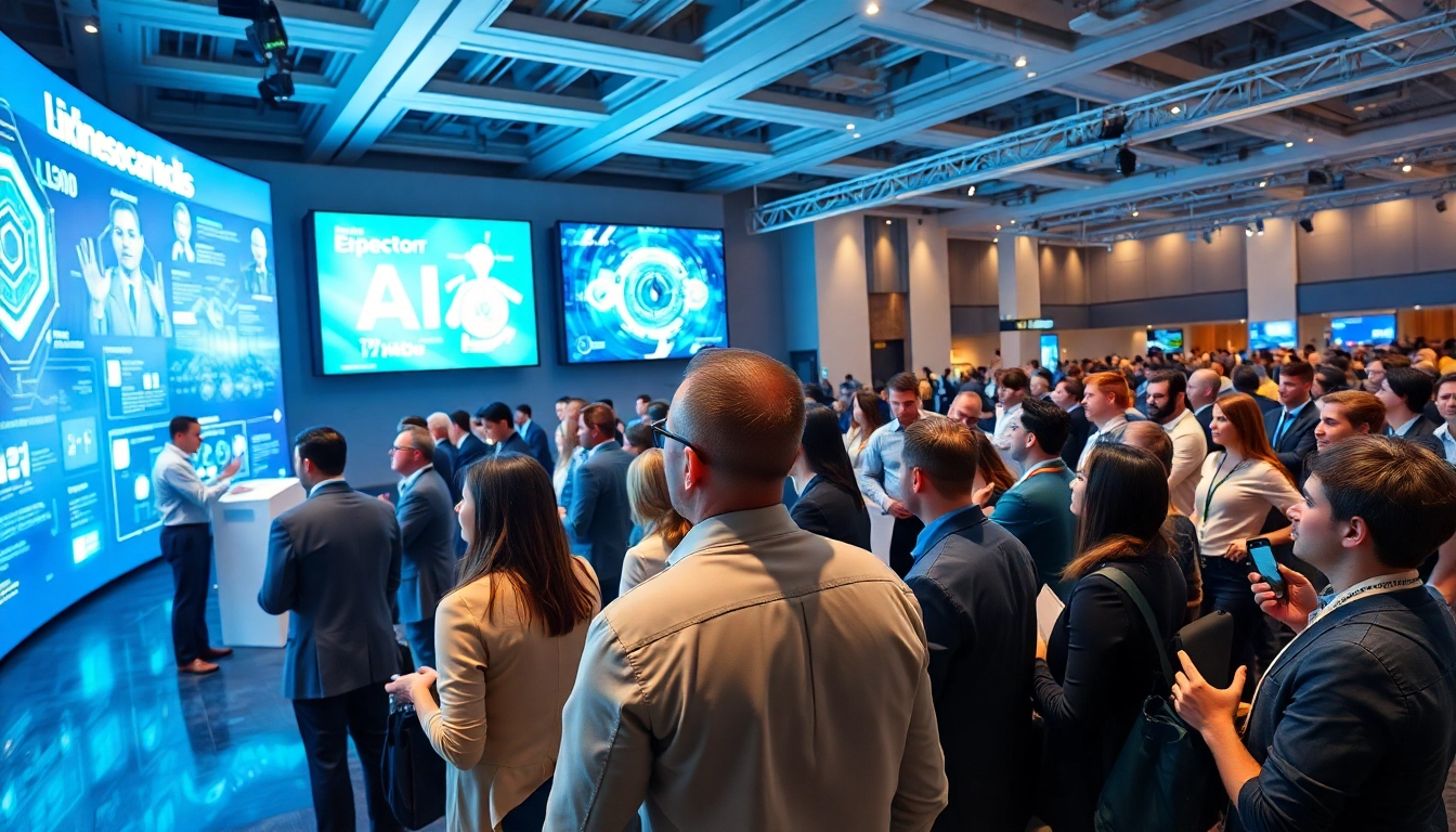 Networking at an AI and emerging technology conference with diverse attendees engaging at high-tech displays.