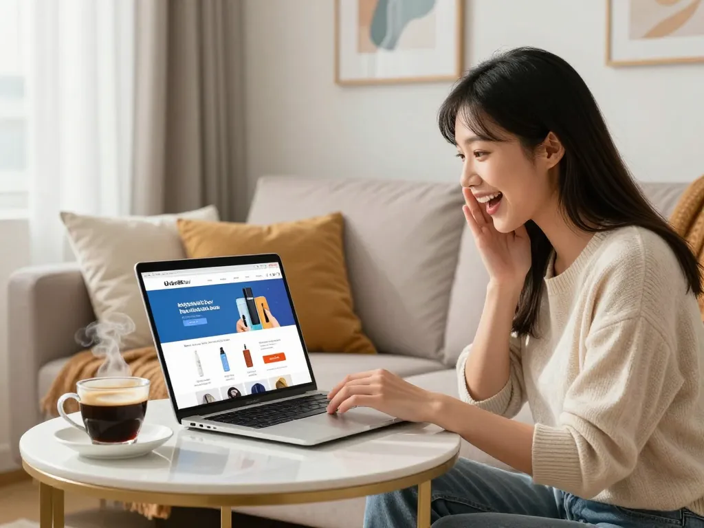 Online shopping experience on https://hubet88.icu/, woman browsing products on laptop in cozy home setting.