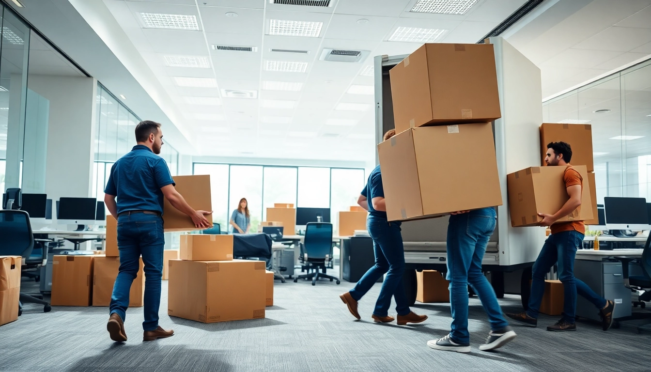 Commercial movers efficiently handling office equipment during a professional relocation.