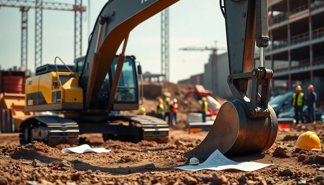 Rent excavators on a construction site emphasizes machinery and teamwork.