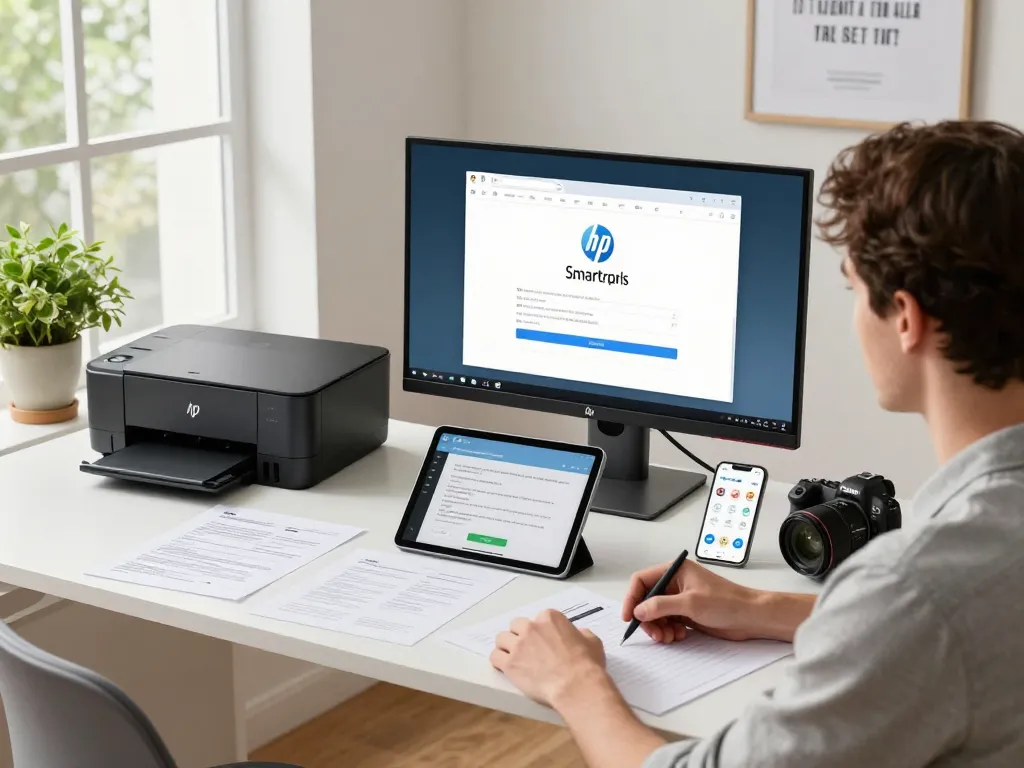 Efficient workspace showing HP Smart Printer app on screen alongside printed documents, tablet, and smartphone.