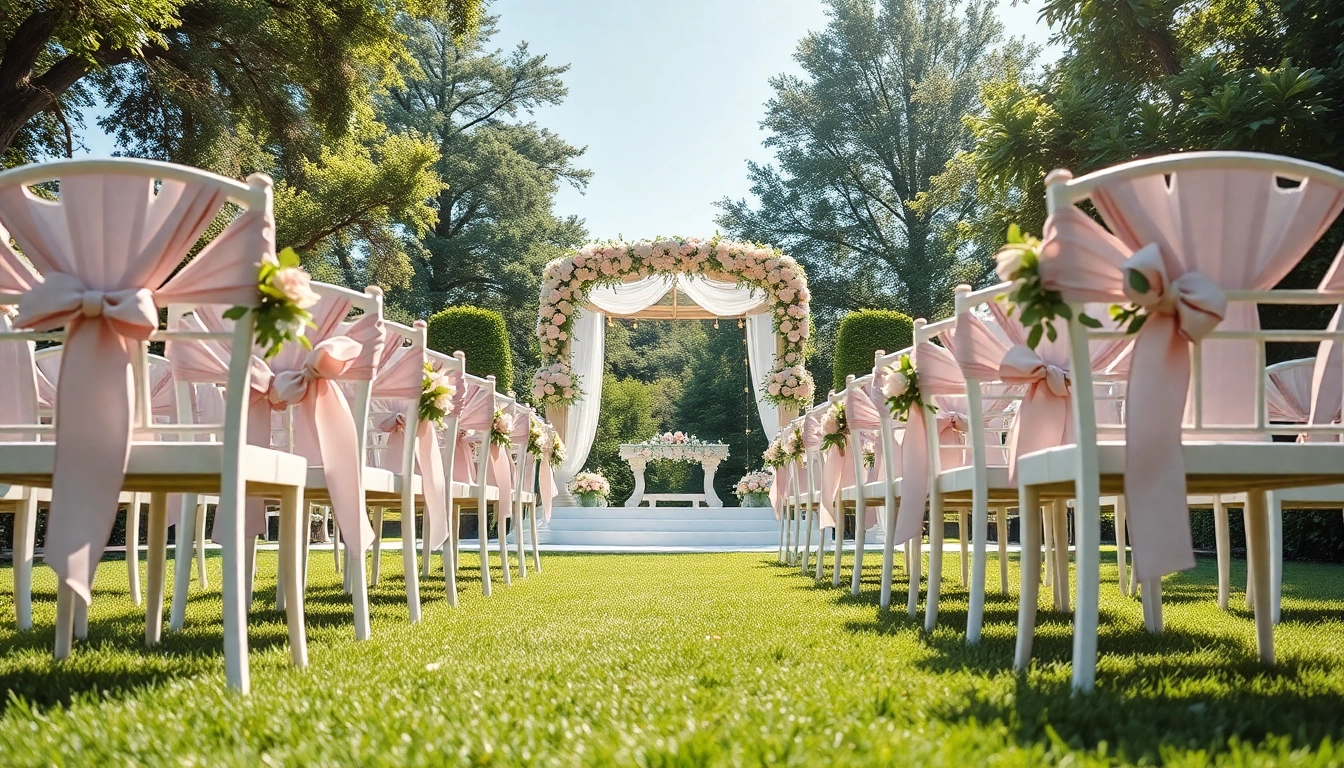 Romantische location hochzeit mit geschmücktem Garten und elegantem Altar.