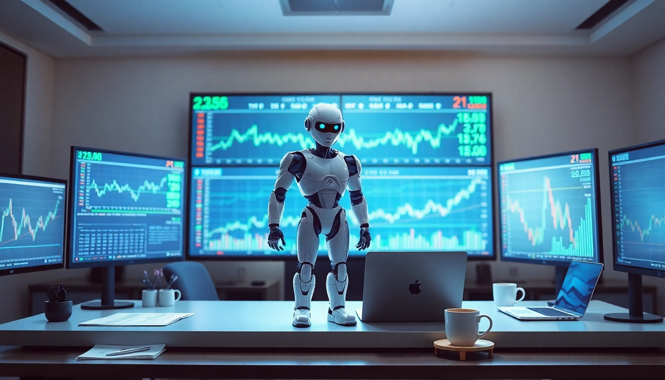 Showcasing an advanced AI trading bot analyzing market trends effectively, surrounded by digital data displays.