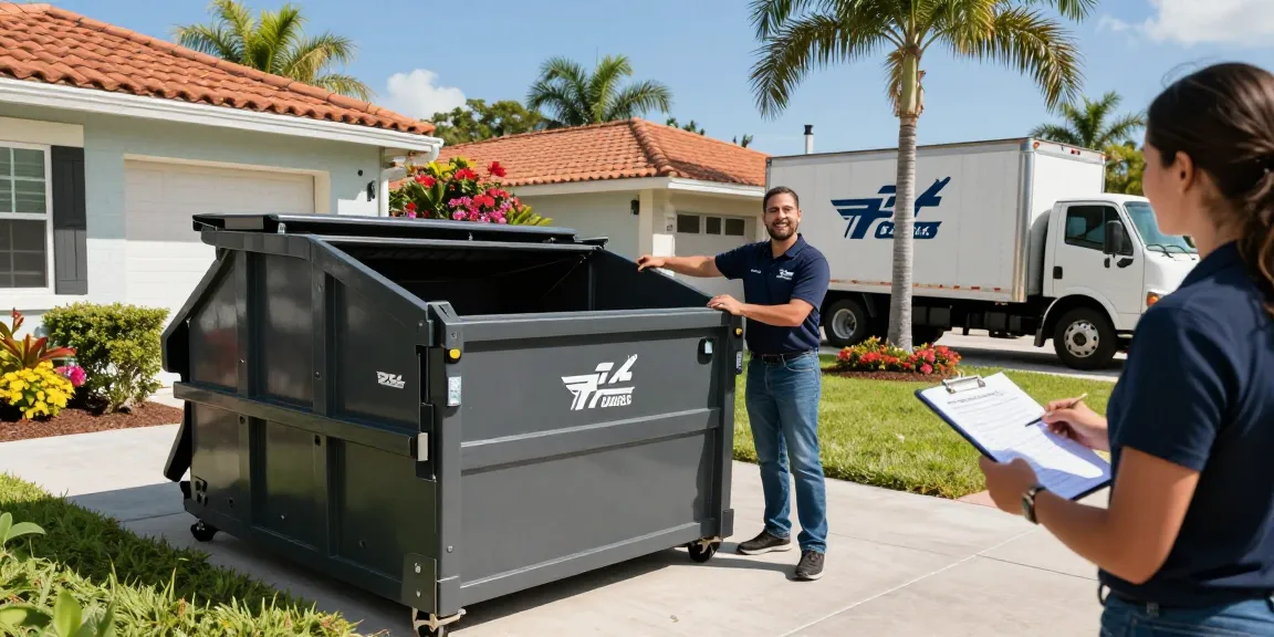 Dumpster Rental in Naples FL service team assisting customers with roll-off dumpsters in a sunny residential yard.