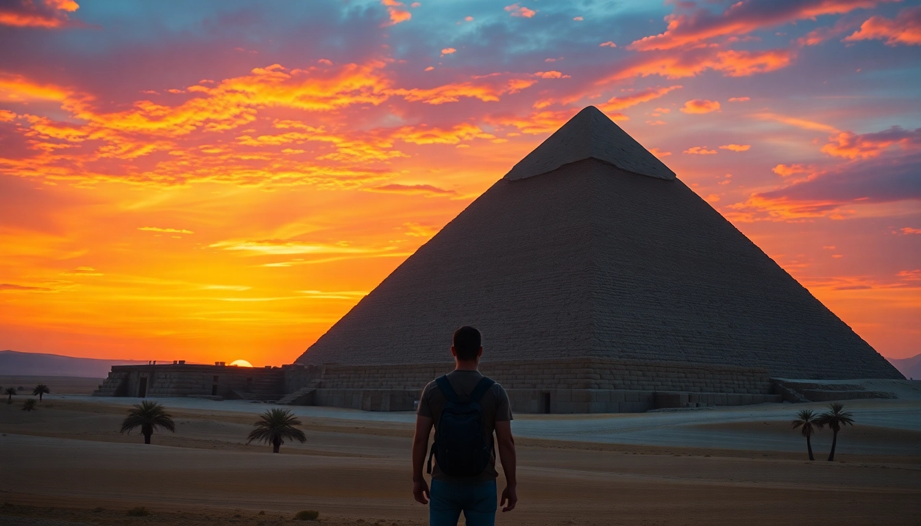 A breathtaking sunset view of the Giza pyramid, highlighting its unique features amidst the serene desert.