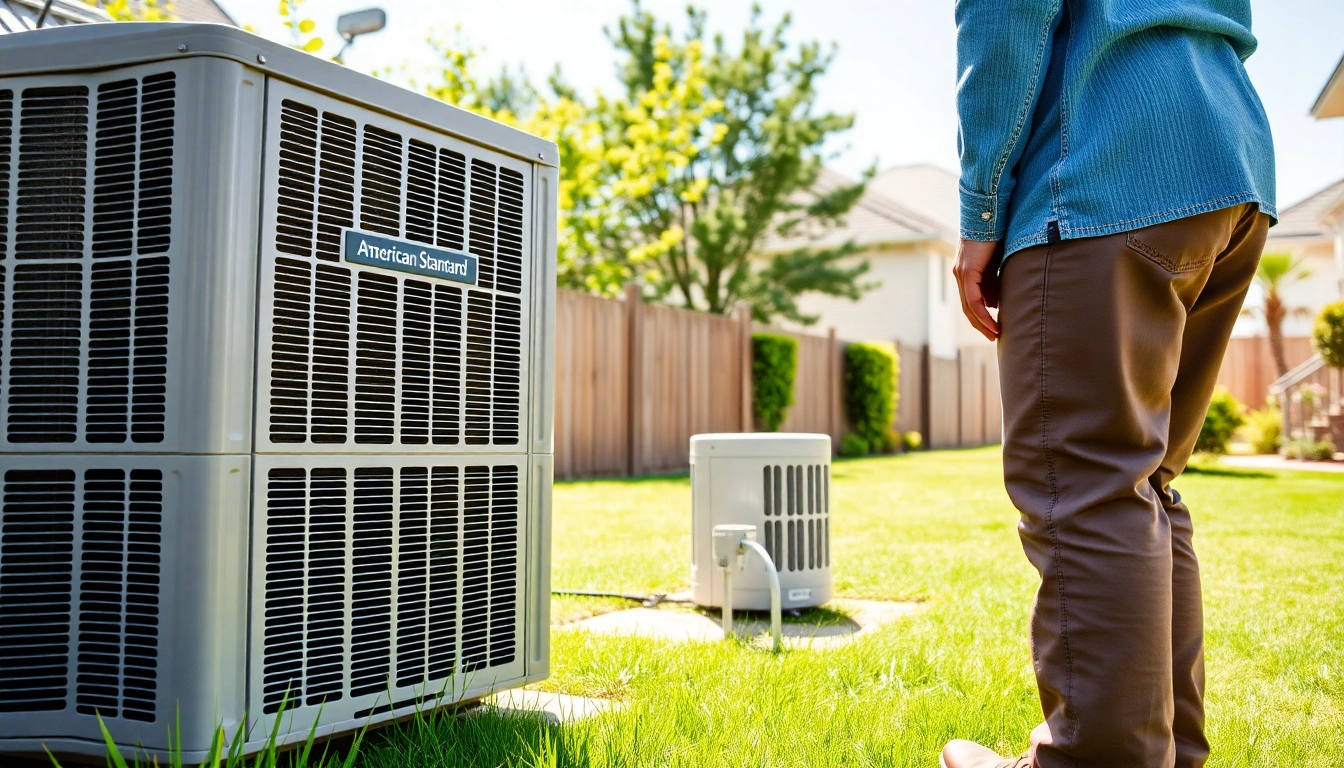 Technician servicing an American Standard air conditioning unit, showcasing professional HVAC skills.