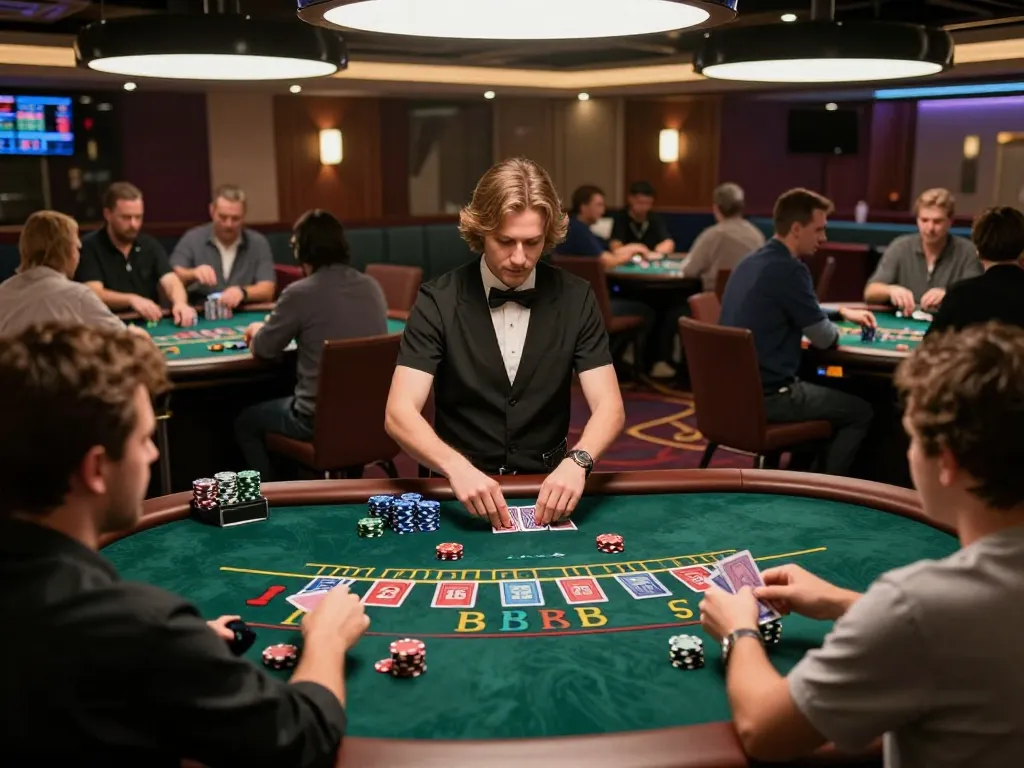 SUN WIN players strategizing at a live dealer blackjack table, vibrant casino atmosphere with colorful chips.
