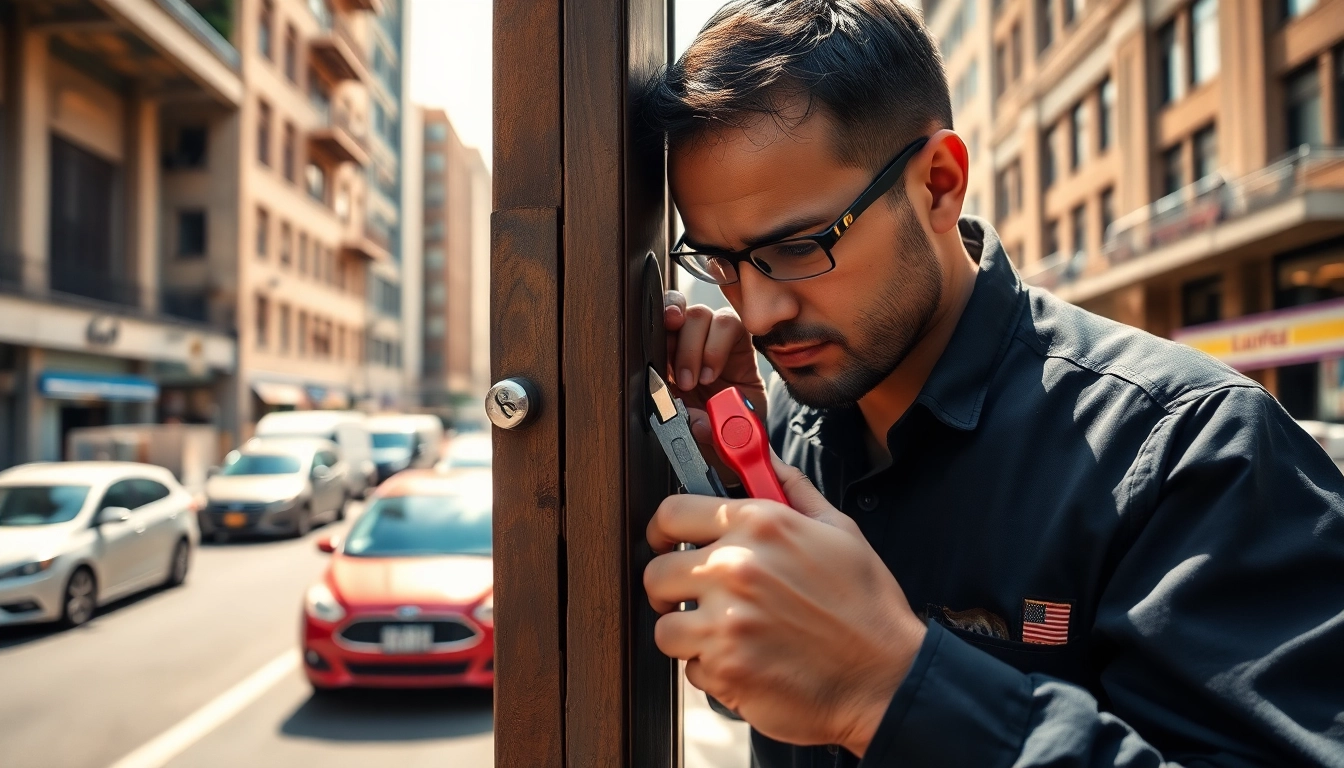 Locksmith expertly adjusting a door lock in an urban environment, showcasing professional skills.