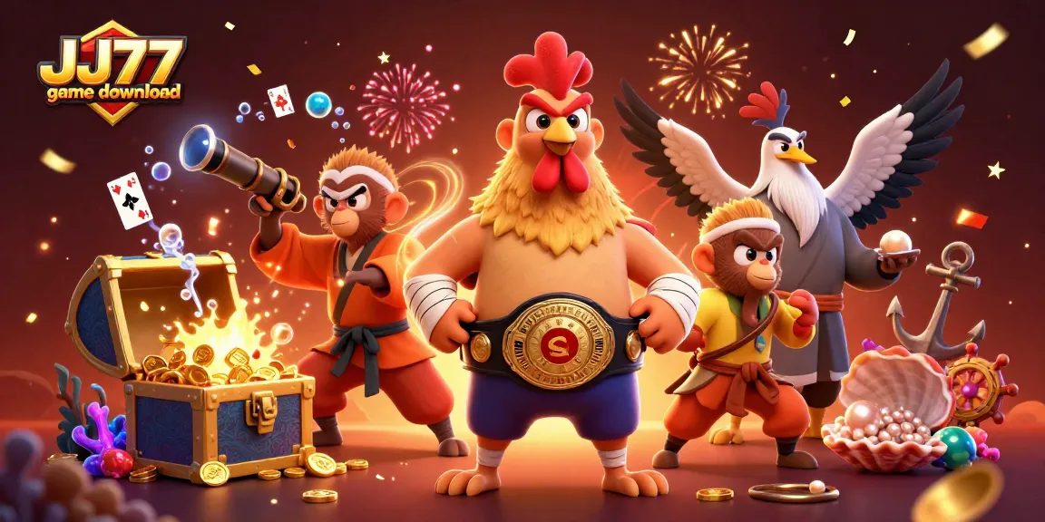 Engage with JJ77 game download, featuring a colorful scene with cartoon characters and gambling elements.
