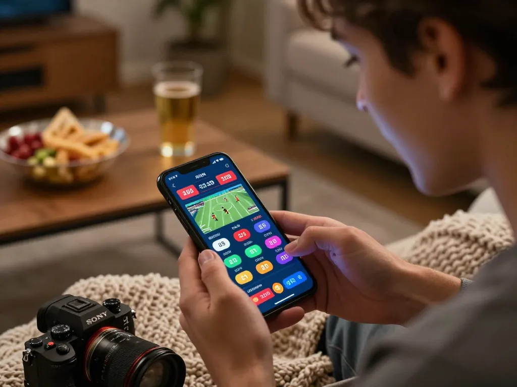 Engaged person placing live bets on Women Fleece Hoodies while monitoring real-time sports odds from smartphone.