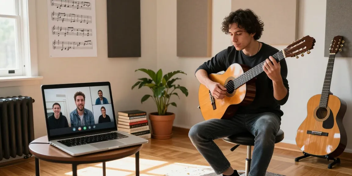 Engaging Zoom Classical Guitar Lessons with a certified instructor in a cozy home studio.