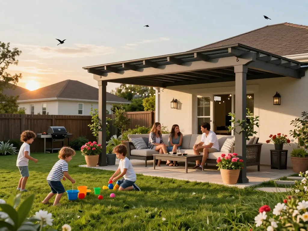 Family enjoying a beautiful outdoor space with a pergola configurator designed structure.