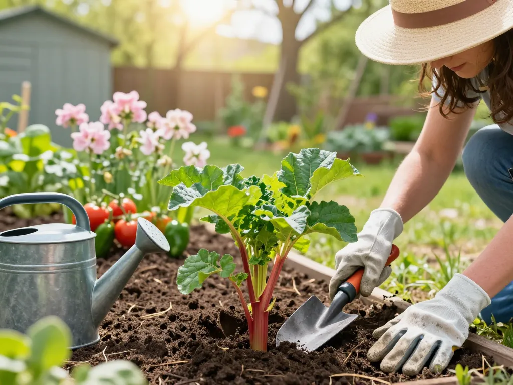 Gardener planting rabarber planten in a vibrant home garden with sunlight and flowers.