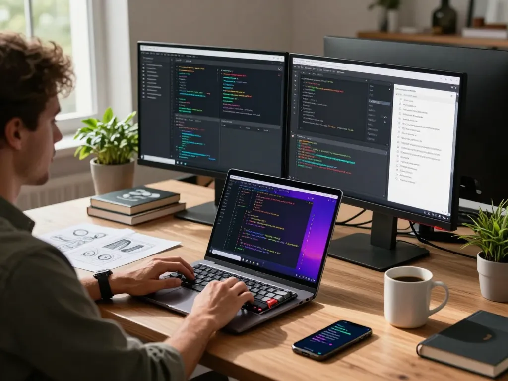 Experience谷歌浏览器 in a modern tech workspace with dual monitors displaying vibrant code and analytics in a bright office.