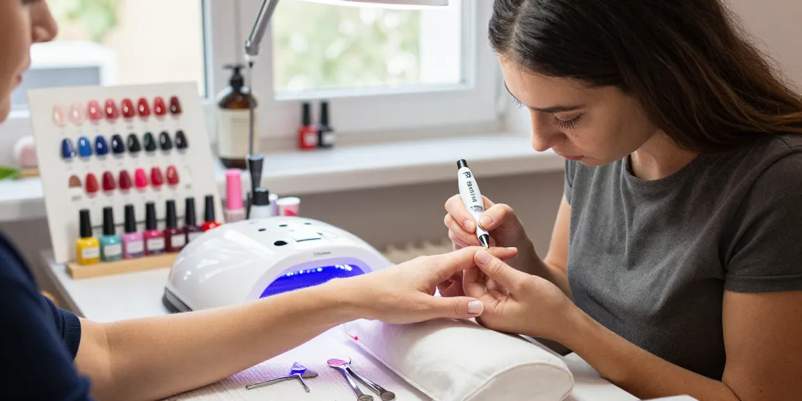 Tehnician în unghii aplicând oja semipermanentă profesională într-un salon de frumusețe vibrant, cu instrumente profesionale și display-uri colorate de ojă gel.