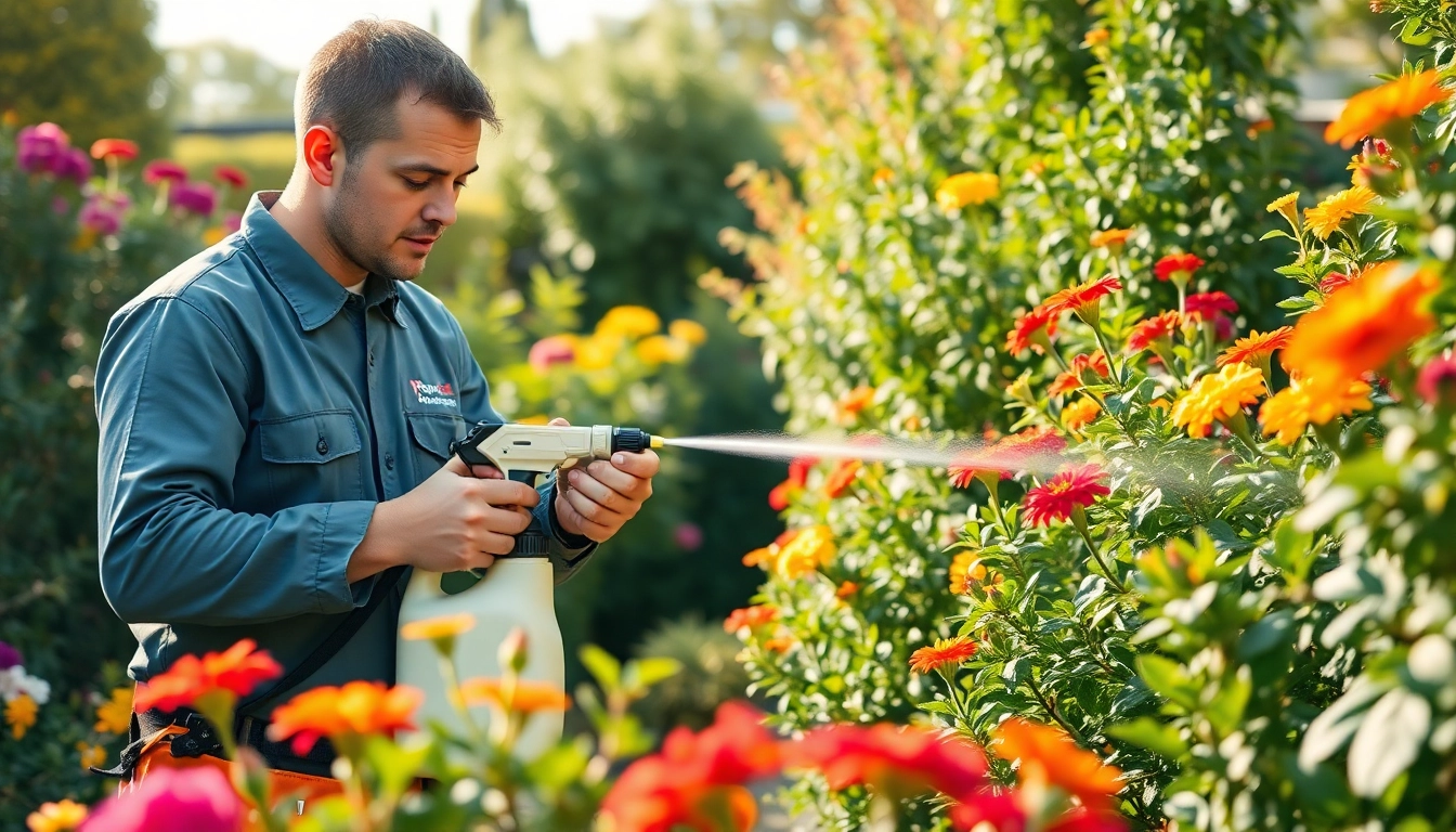 Applying preventive pest treatment by an expert in a garden, ensuring eco-friendly pest control.
