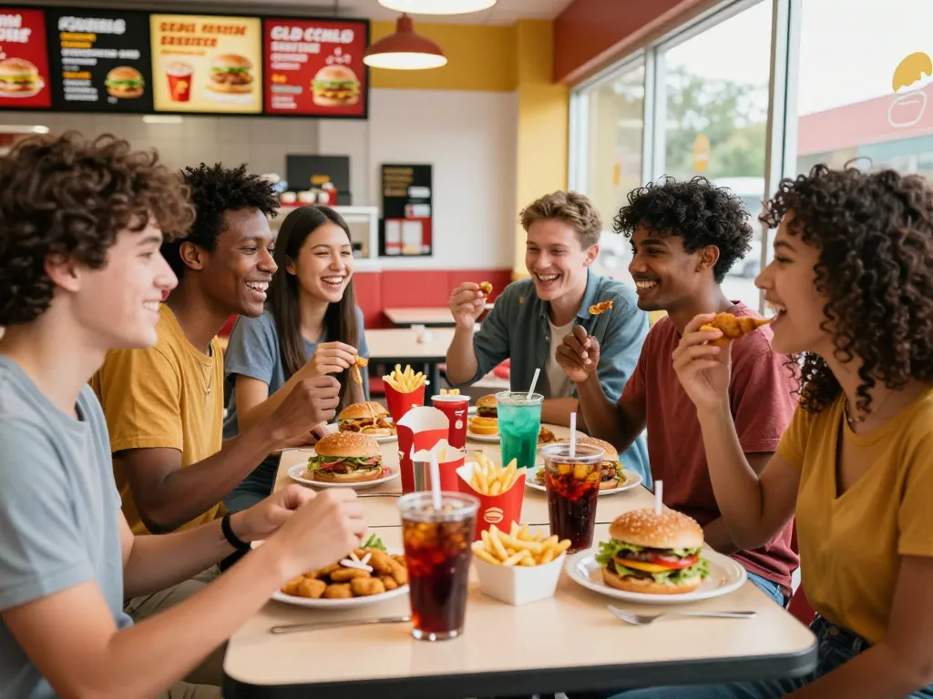 Diverse friends sharing a fast food menu feast with burgers, fries, and drinks at a lively restaurant.