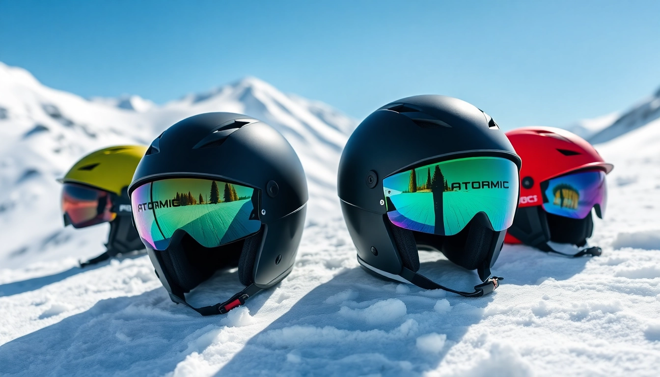 Showcasing atomic helmets amidst a stunning snowy backdrop, highlighting safety and style.