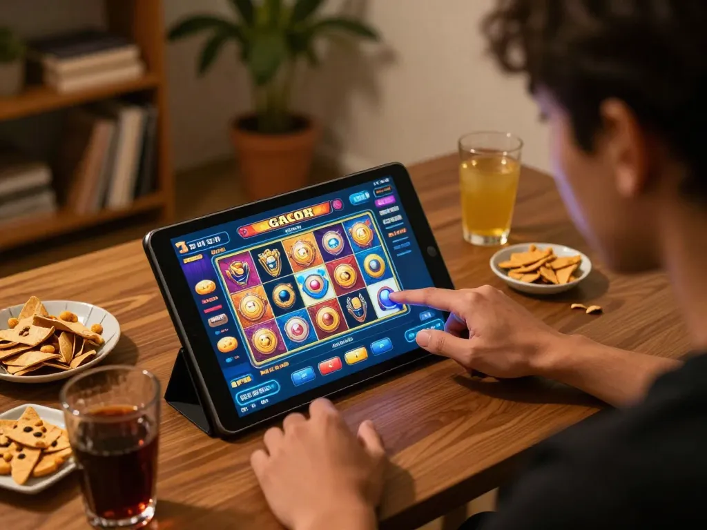Player enjoying a slot gacor game on tablet surrounded by snacks and drinks at home