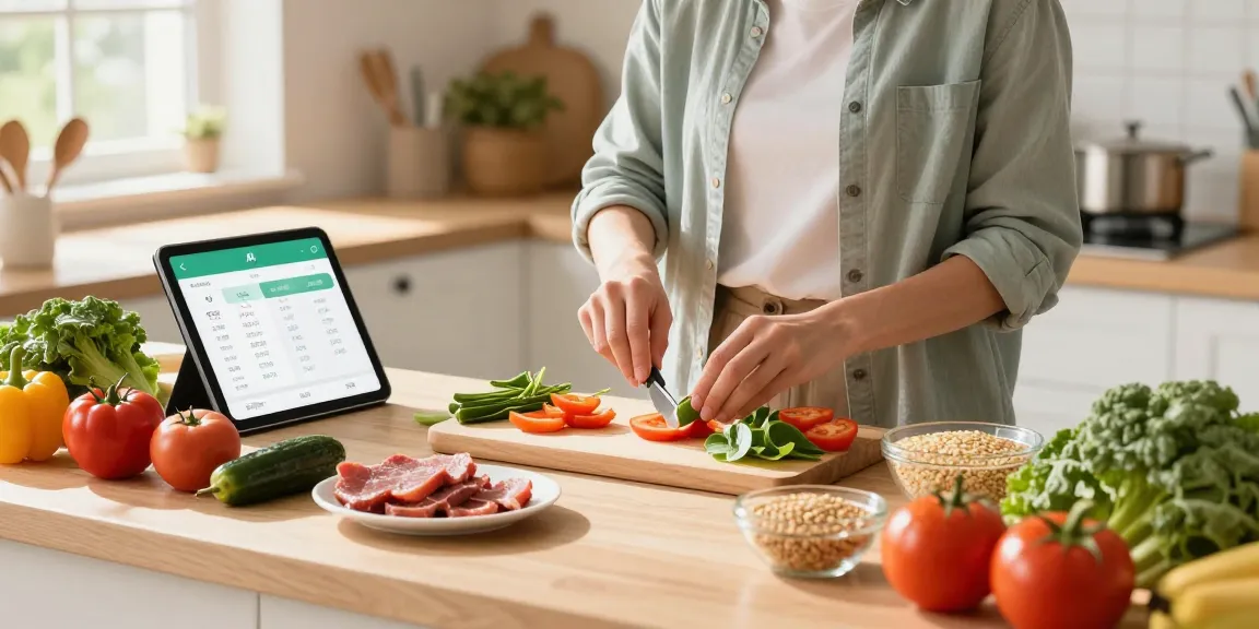 Discover the best calorie tracker with an individual prepping a healthy meal while using AI tracking technology in a sunny kitchen.