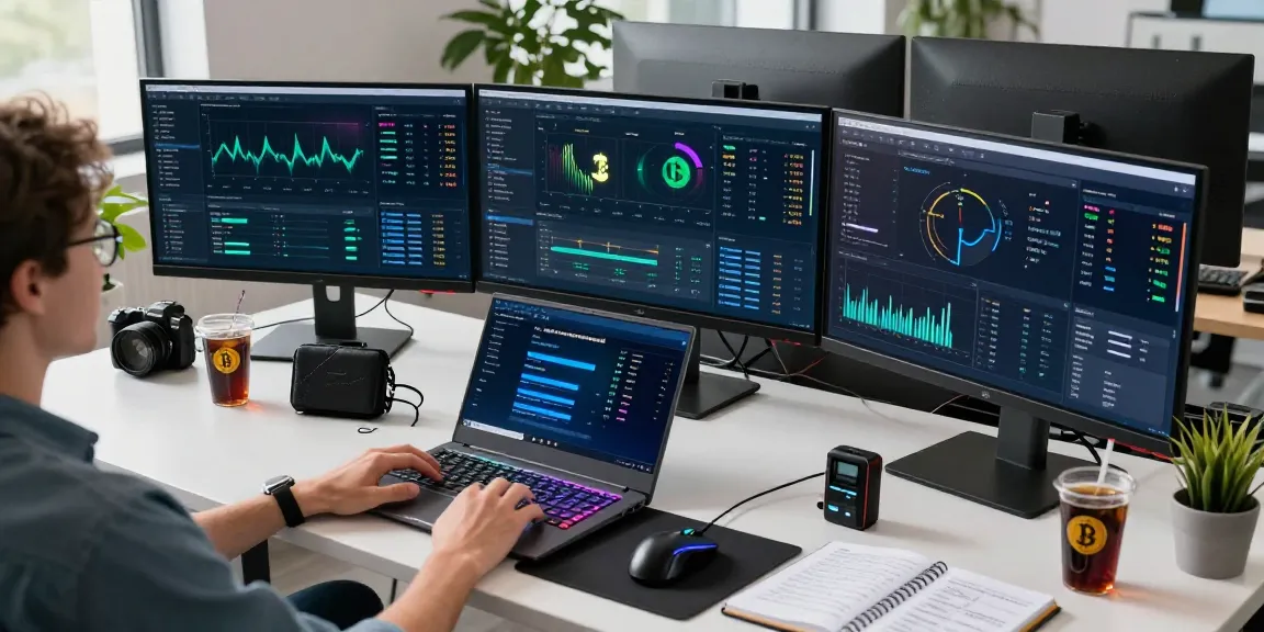 Automated bitcoin mining setup showcasing cryptocurrency performance analytics, hardware wallet, and mining strategies.