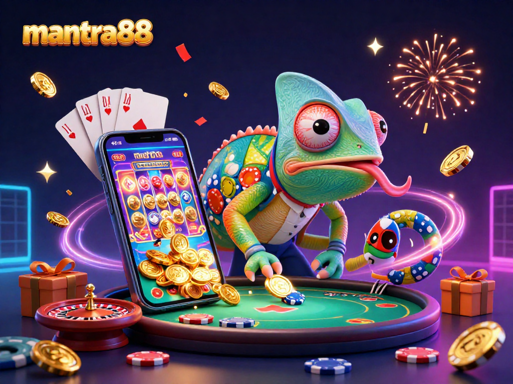 Engage with mantra88, a vibrant casino scene showcasing a colorful chameleon owner and thrilling slot games.