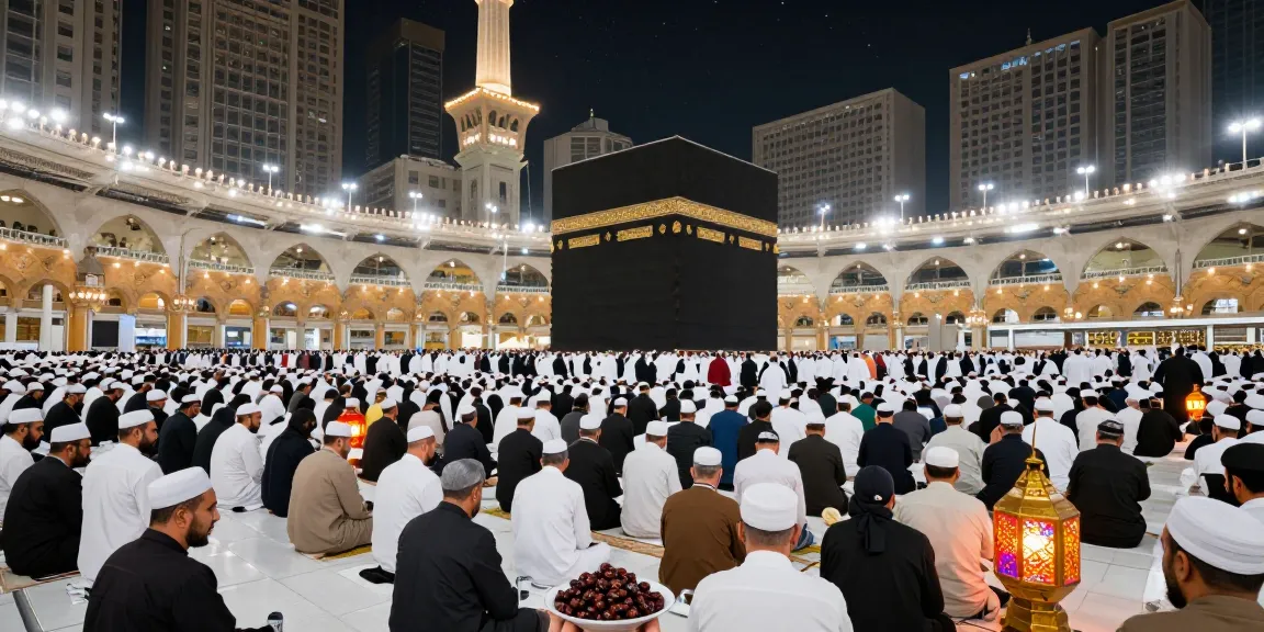Umroh Full Ramadhan experience at Masjidil Haram with travelers sharing Iftar moments, vibrant atmosphere and spiritual devotion.