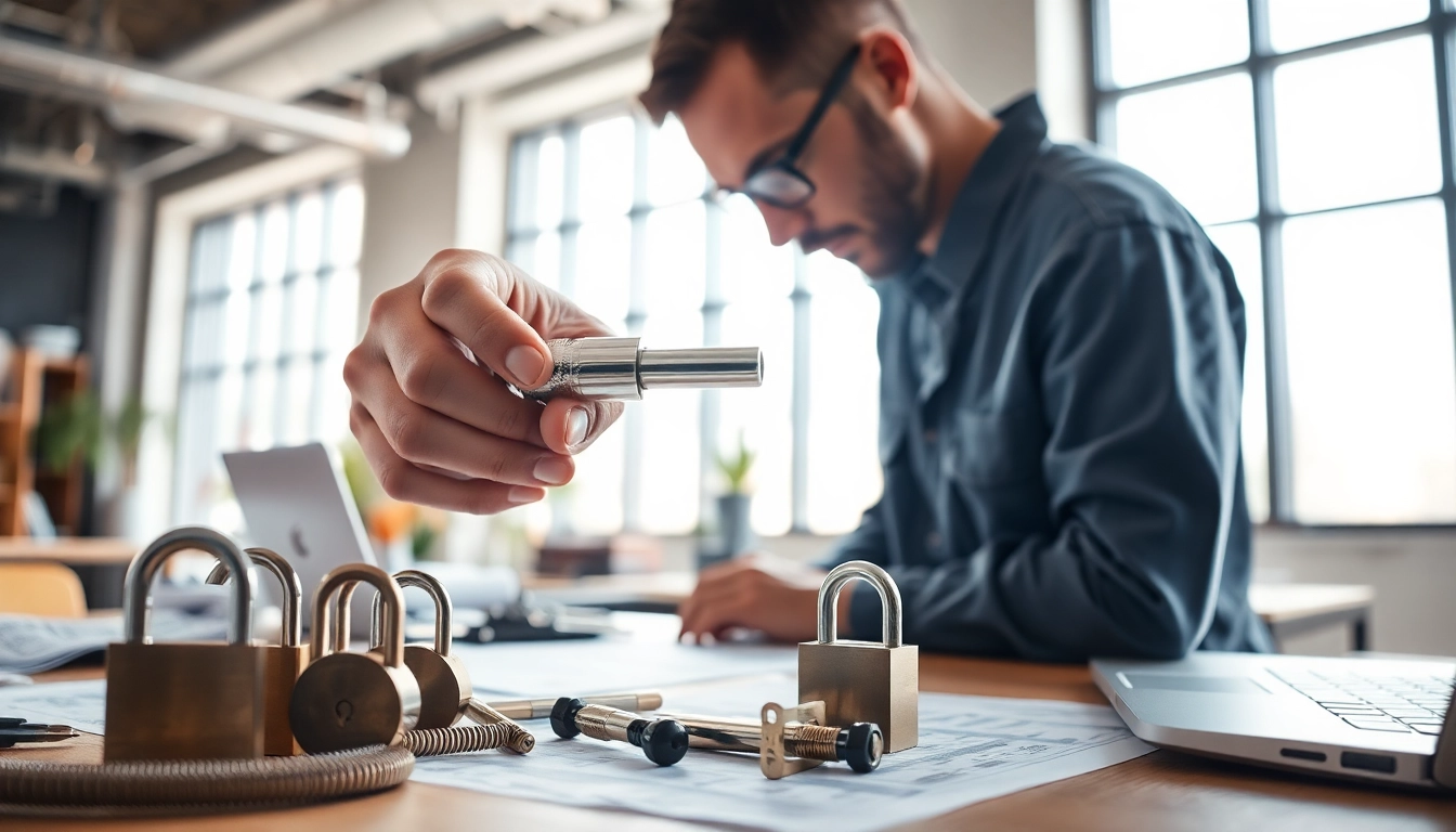 Business lock replacement in progress by a skilled locksmith showcasing precise tools and a professional workspace.