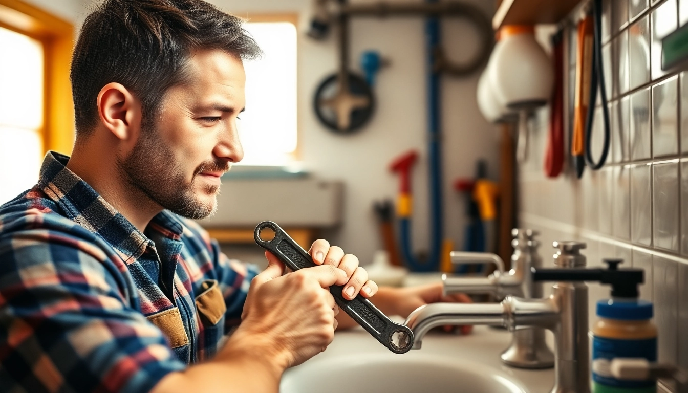 Local plumber expertly fixing a sink with tools in a bright domestic setting.