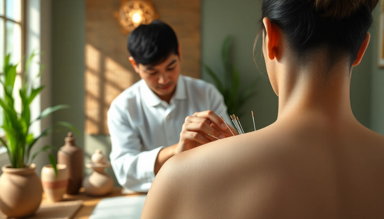 Praktisi TCM berfokus pada akupunktur dalam ruangan terapi yang tenang dan dekoratif.