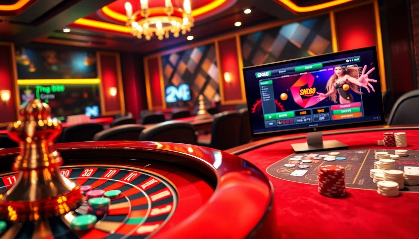 Experience thrilling gameplay at SN88, showcasing vibrant casino elements like roulette wheels and poker tables.