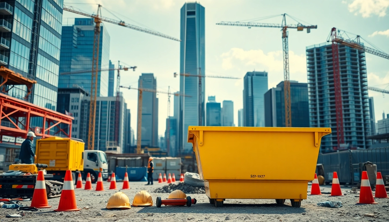 Hire high-quality skip hire service in an active construction site to enhance efficiency.