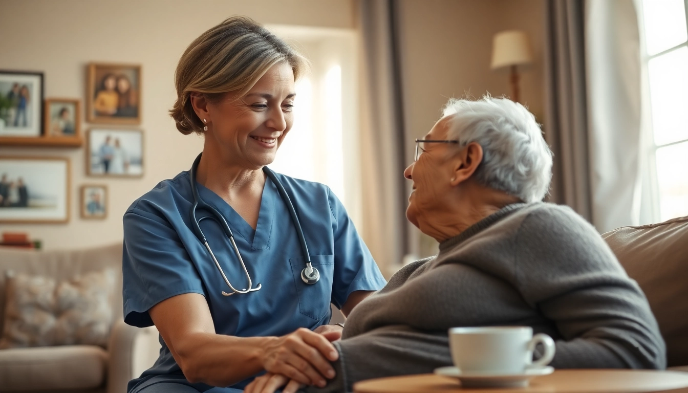 Engaging at home senior care professional assisting an elderly individual in a bright, welcoming living room.