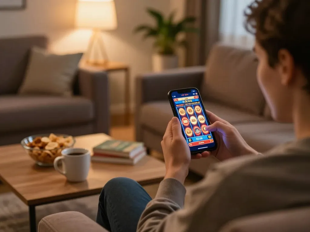 Online casinos Canada player enjoying a big win on smartphone in cozy home setting.