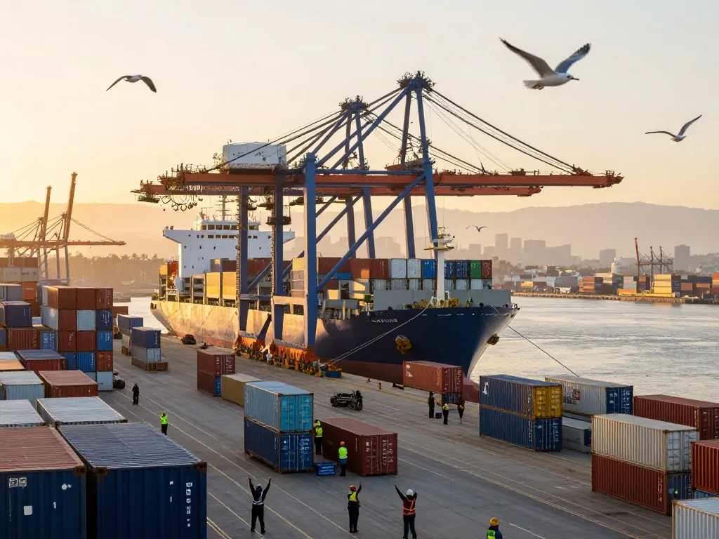 Busy US port scene at dawn with cargo ships and dockworkers coordinating logistics