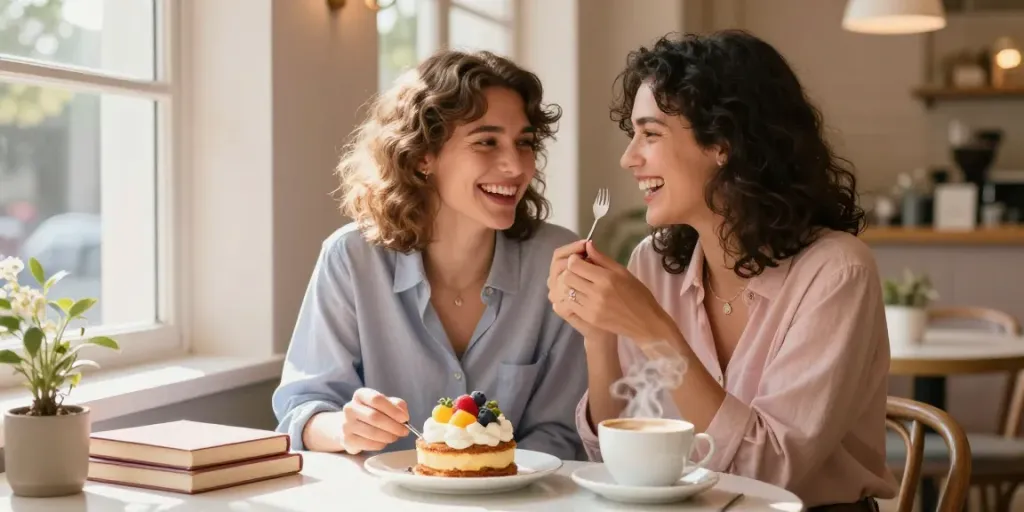 Lesbian porn scene depicting a romantic couple in a cozy café, sharing dessert and laughter.