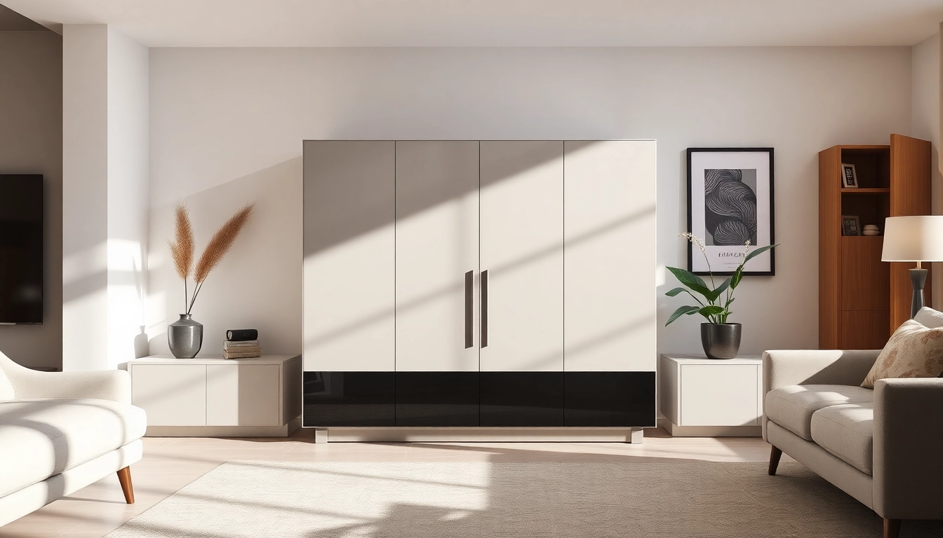Stylish storage cabinet in a modern living room showcasing elegant design and functionality.