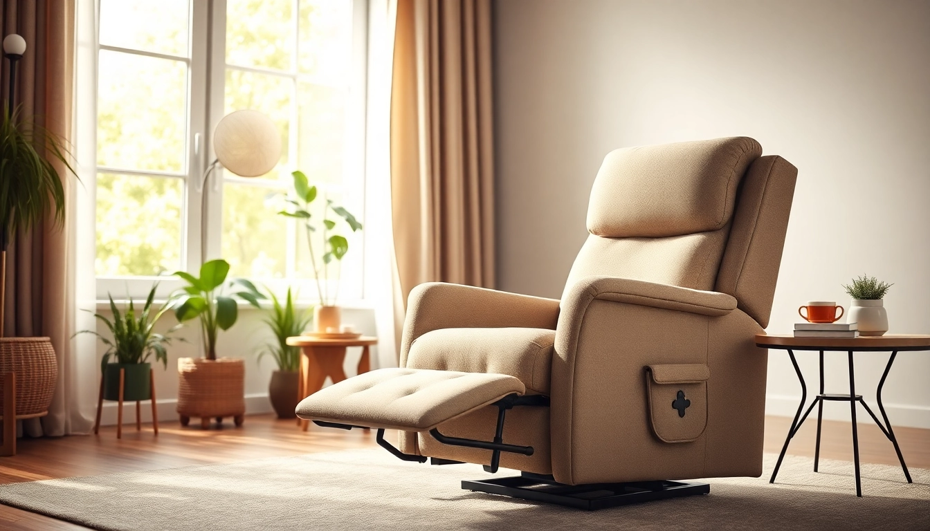 Relax in a plush power lift chair set in a bright, inviting living room with a calming atmosphere.