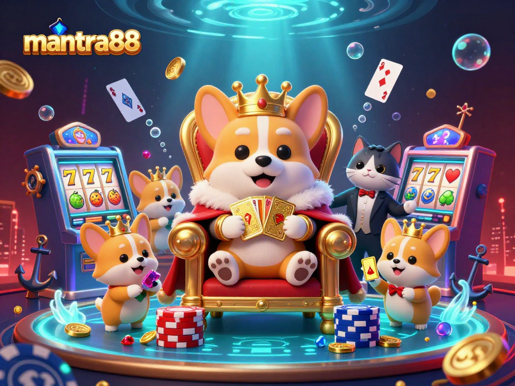 Engage with mantra88 in a vibrant casino world featuring a royal corgi and treasure elements.