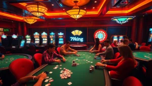 Witness players at the vibrant 79king casino engaging in thrilling poker games with vibrant chips and cards.