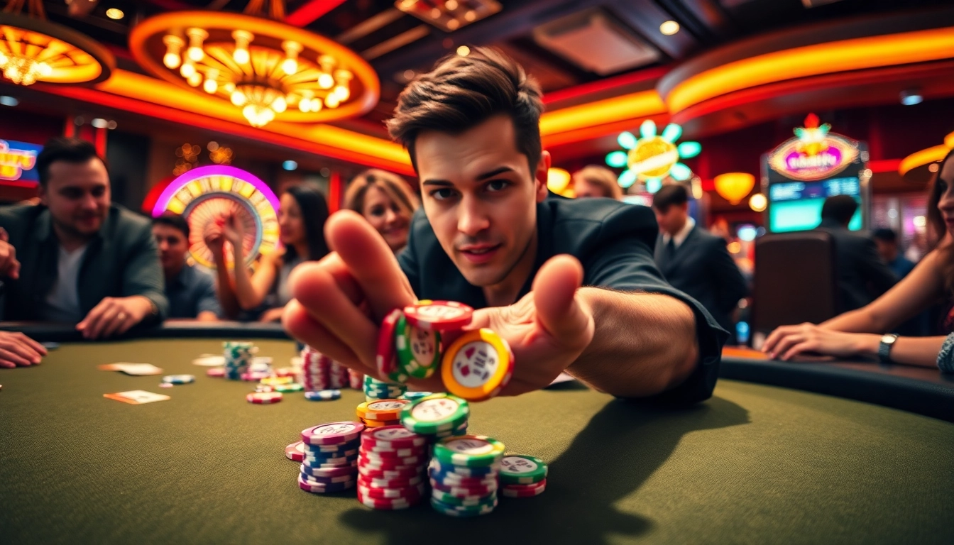 Exciting poker game at okfun com showcasing vibrant chips and cards, capturing the thrill of casino action.