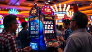 QRIS108 Slot di mesin judi dengan pemain bersemangat menikmati permainan.