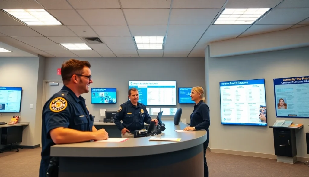 Anaheim inmate search resources showcased with a friendly officer assisting a visitor in a police station.