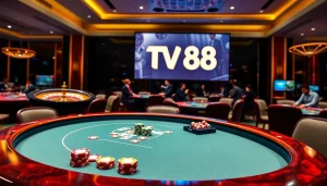 Engaging in a thrilling poker game at TV88 casino, complete with vibrant chips and cards.