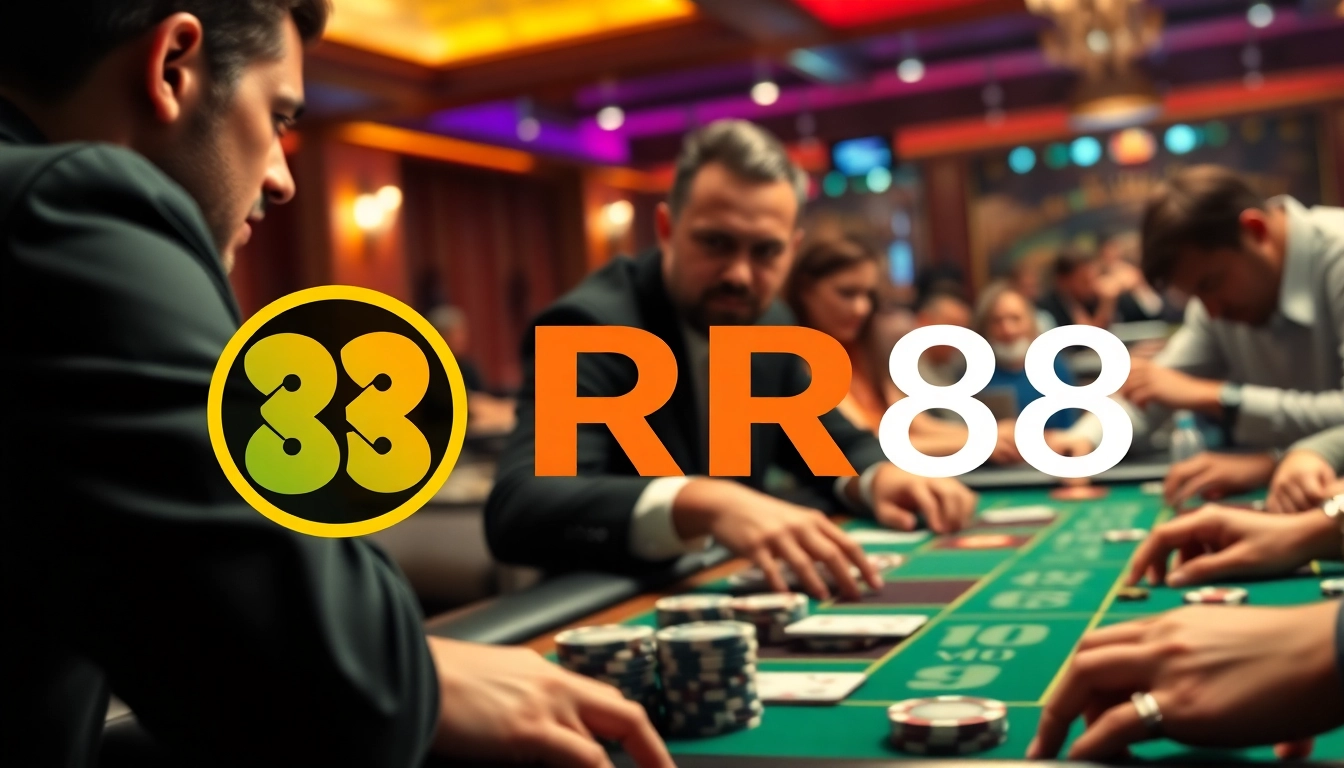 Immerse in the excitement of RR88 at a lively casino card game, highlighting dynamic player interactions.